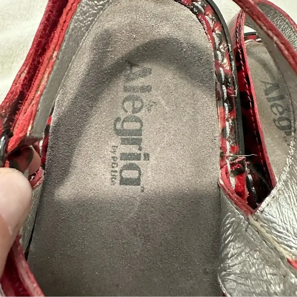 Alegria red snow leopard sandals open toe Velcro silver embellished size 37